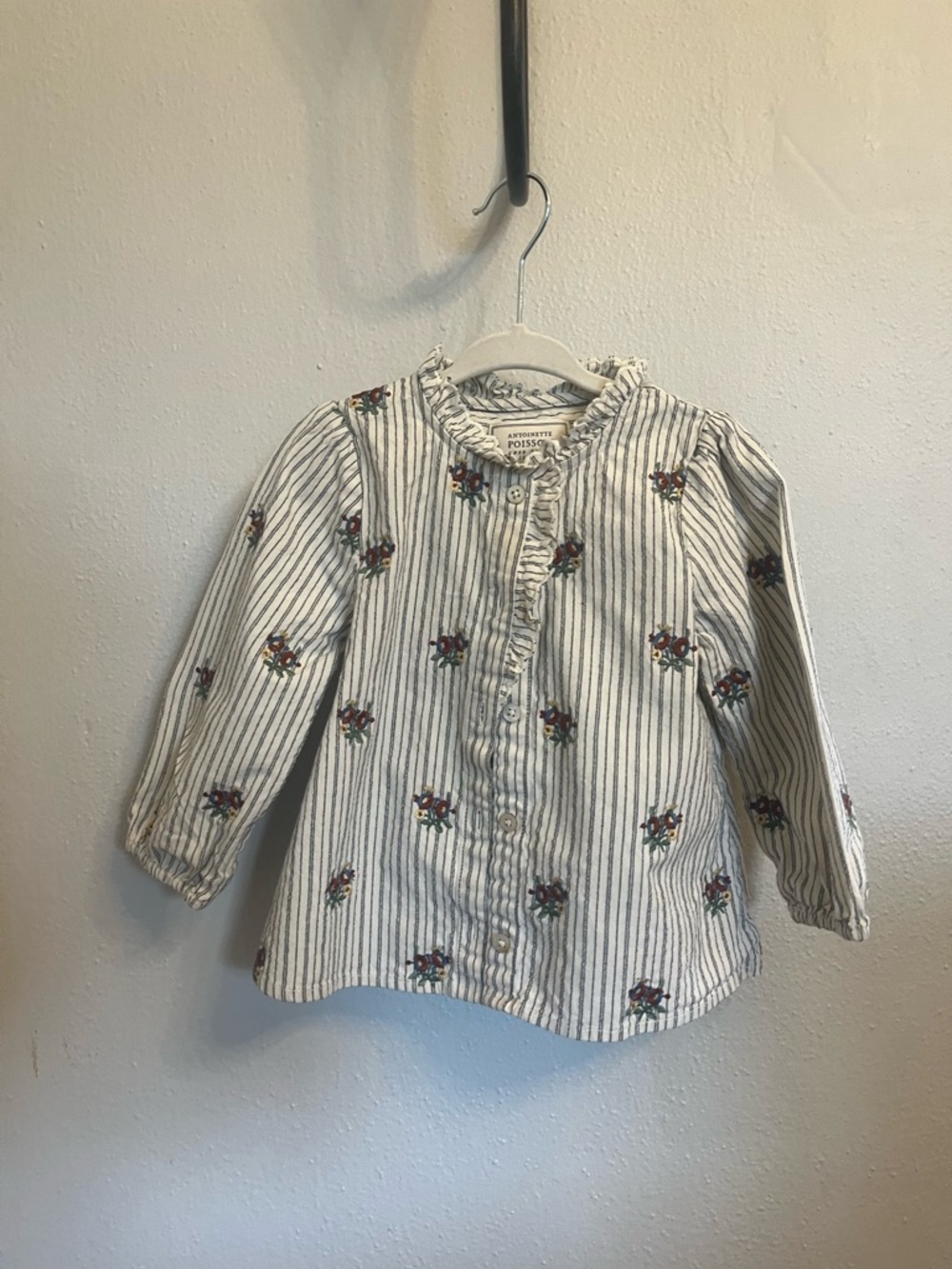Sezane Petite White and Blue Striped Floral Ruffle Collar Top